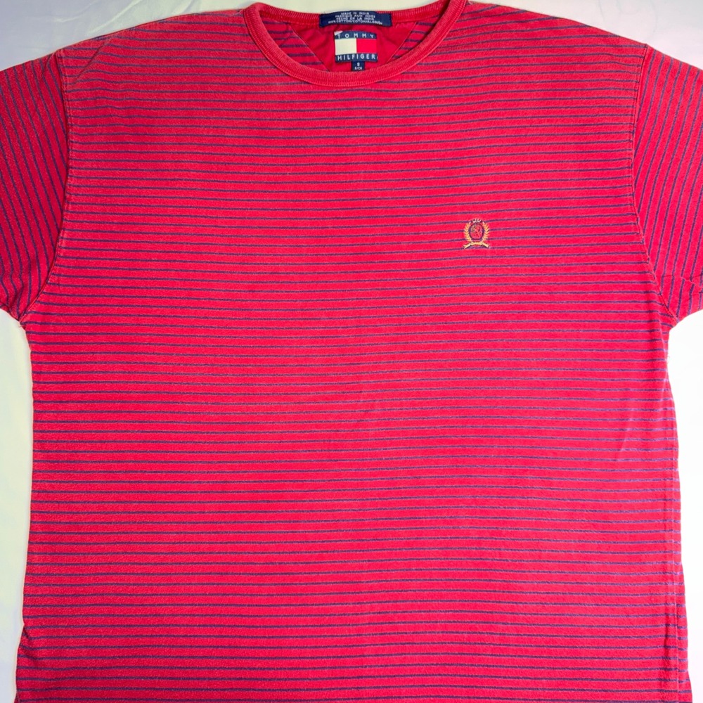 Vintage Tommy Hilfiger Mens Small Red Navy Striped Crest Logo T-Shirt S
